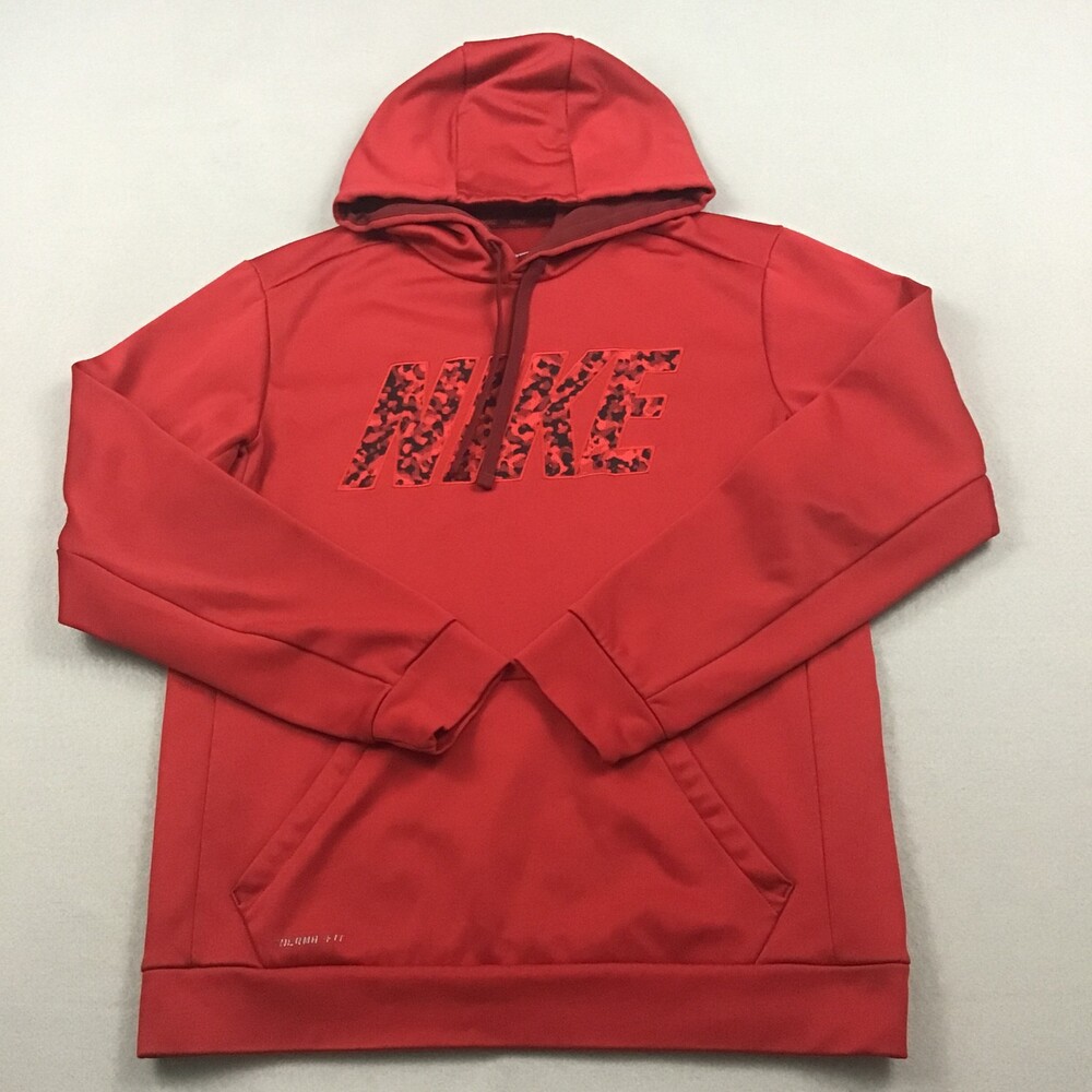 Nike Hoodie Men Medium Red Solid Block Spell Out Therma Fit Pullover Sweatshirt